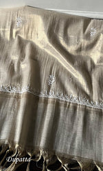 Women's Lakhnavi Handcrafted Tissue Chanderi Unstitched Chikankari Kurta And Dupatta Set - HONC0332771
