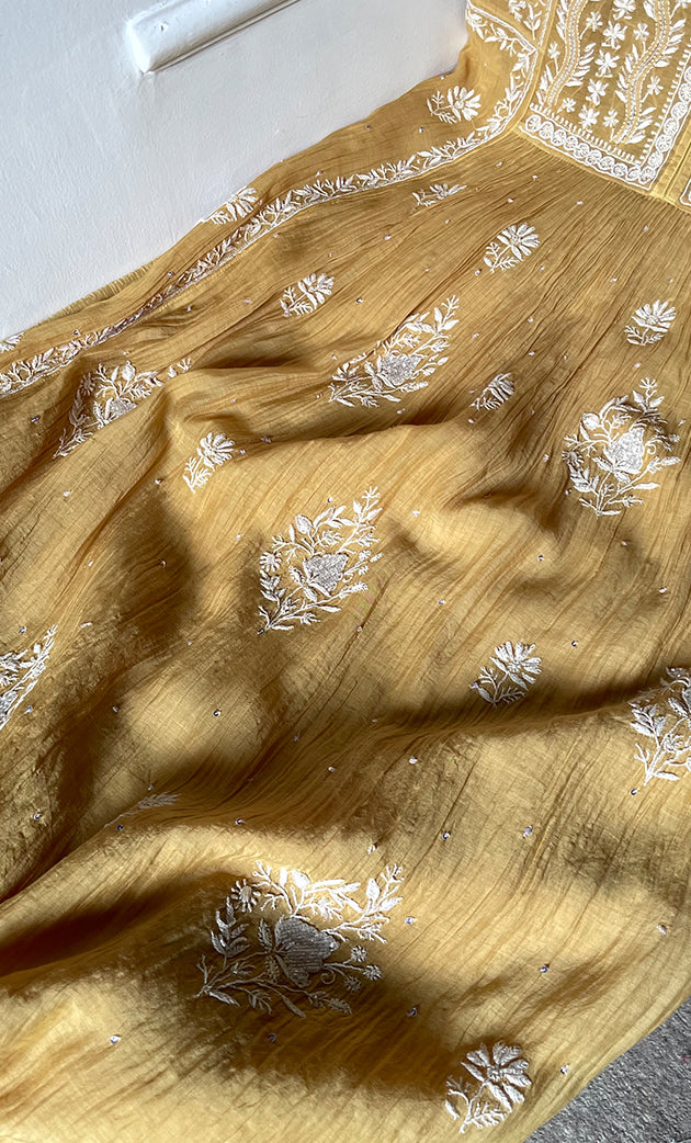 Women's Lakhnavi Handcrafted Mul Chanderi Semi - stitched Chikankari Full Suit Material - HONC0323618