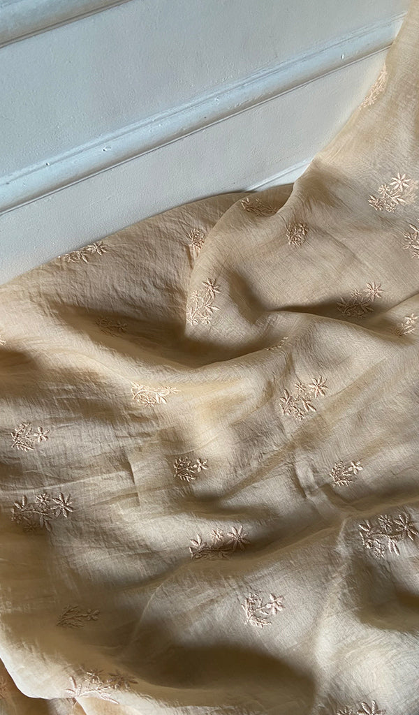 Women's Lakhnavi Handcrafted Mul Chanderi Unstitched Chikankari Full Suit Material - HONC0345039