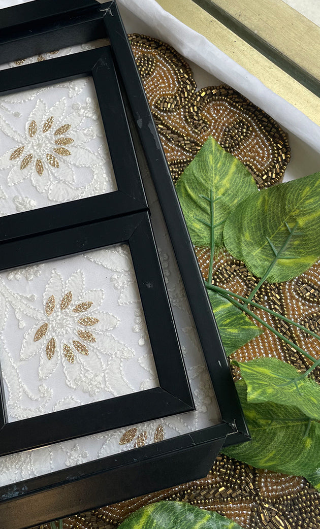 Handcrafted Chikankari Tray with Two Coasters – Wooden Frame - HONC0269377