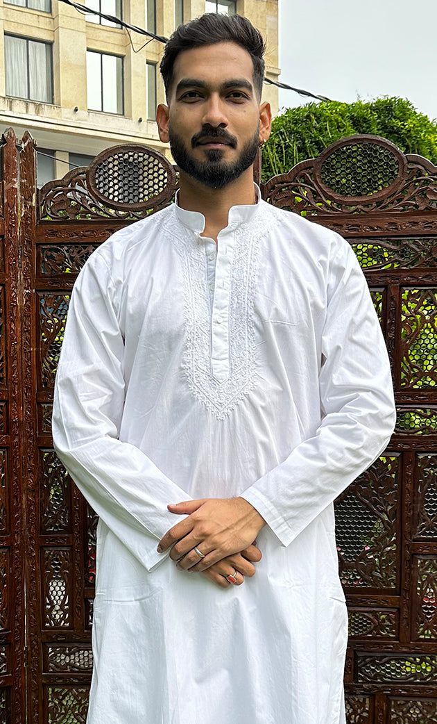 Men's Lucknowi Handcrafted Cotton Chikankari Kurta With Pant HONC0323816