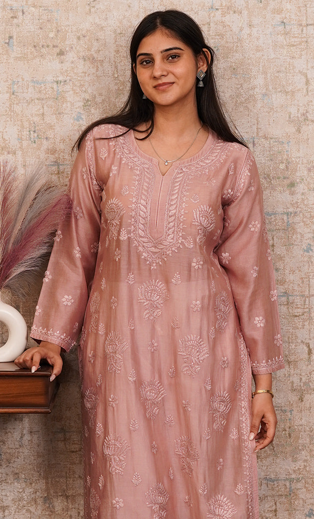 Women's Lucknowi Handcrafted Chanderi Silk Chikankari Kurti - HONC0310297