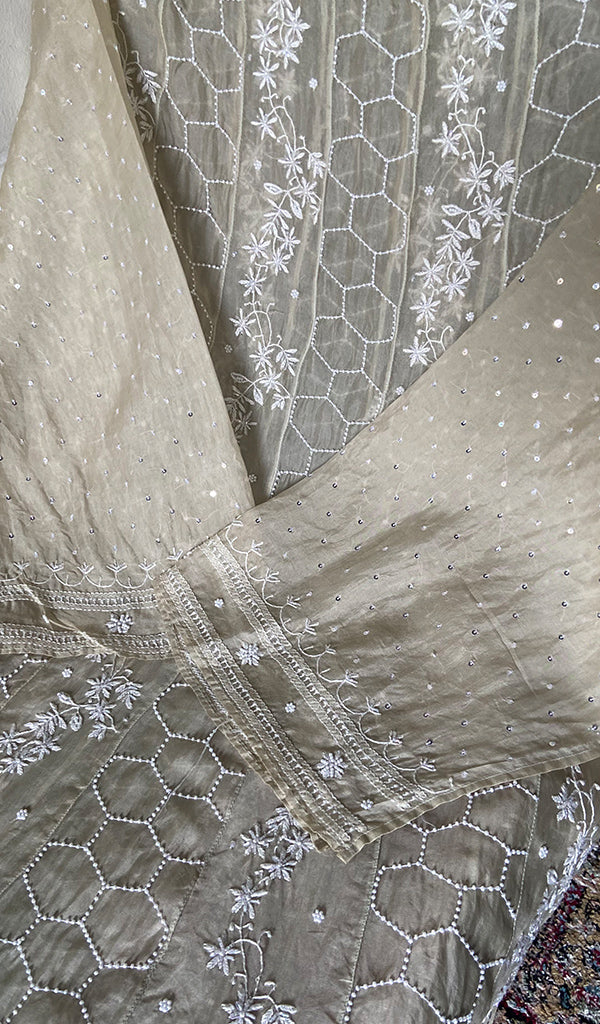 Women's Lucknowi Handcrafted Pure Organza Silk Chikankari Semi - stitched Anarkali Dupatta Set- HONC0362220