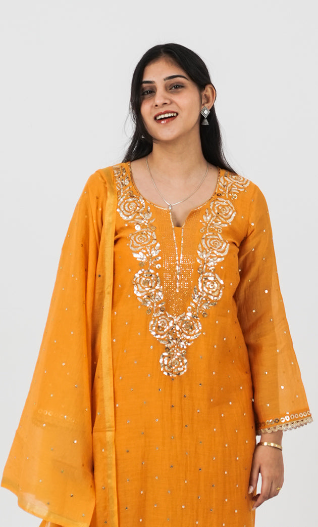 Shanaya Women's Lakhnavi Handcrafted Mul Chanderi Chikankari Stitched Kurta, Dupatta And Pant Set - HONC0322418