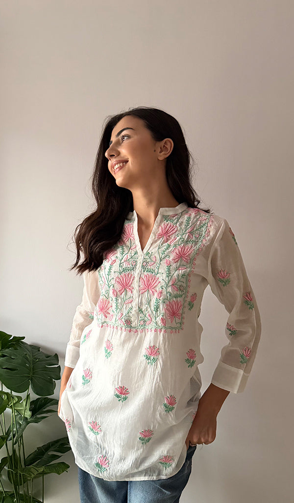 Women's Lakhnavi Handcrafted Mul Chanderi Chikankari Top - HONC0372703