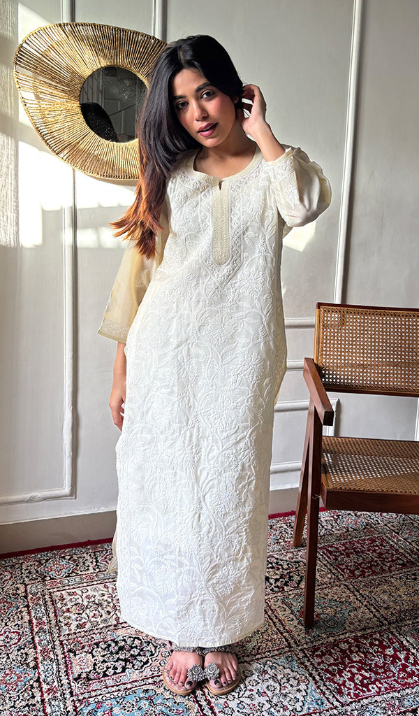 Anisa Women's Lakhnavi Handcrafted Cotton Chikankari Kurti - HONC0356935