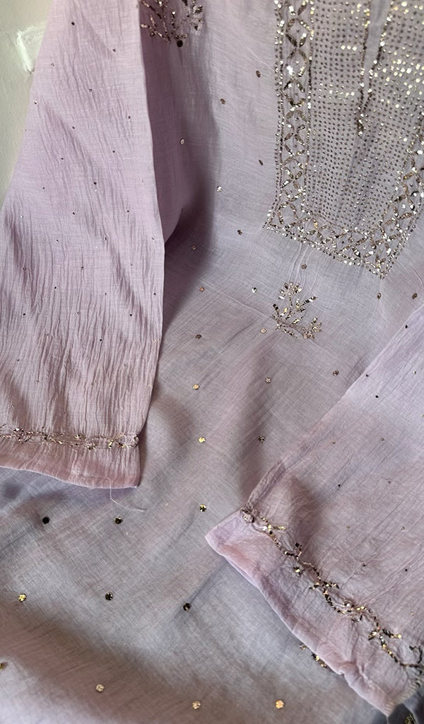 Women's Lakhnavi Handcrafted Mul Chanderi Chikankari Semi - Stitched Kurti Fabric - HONC0267554