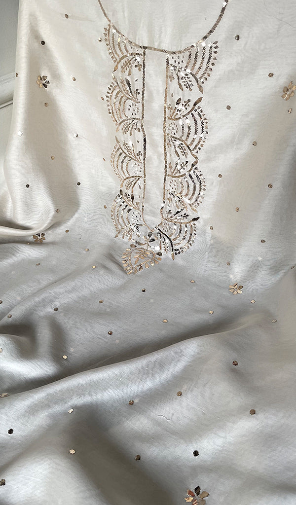 Women's Lucknowi Handcrafted Chanderi Silk Unstitched Chikankari Kurta and Dupatta Set- HONC0304296
