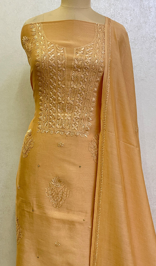 Women's Lakhnavi Handcrafted Chanderi Silk Chikankari Full Suit Material- HONC0128592