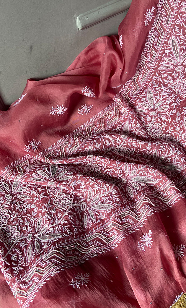 Women's Lakhnavi Handcrafted Pure Organza Chikankari Unstitched Kurta And Dupatta Set- HONC0309611