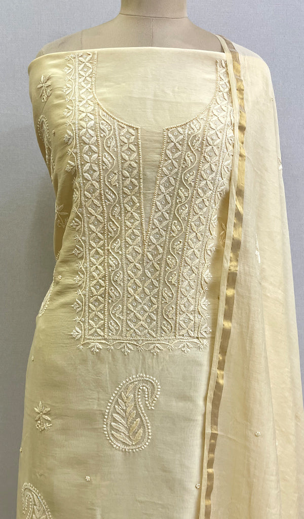 Women's Lakhnavi Handcrafted Chanderi Silk Chikankari Full Suit Material - HONC0170789