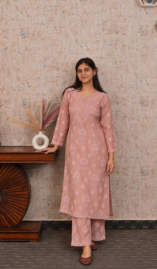 Women's Lucknowi Handcrafted Chanderi Silk  Stitched Chikankari Kurta And Pant Set .