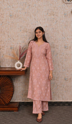 Women's Lucknowi Handcrafted Chanderi Silk  Stitched Chikankari Kurta And Pant Set .