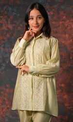 Load image into Gallery viewer, Women&#39;s Lakhnavi Handcrafted Chanderi Silk Chikankari Top And Pant Set - HONC0310758

