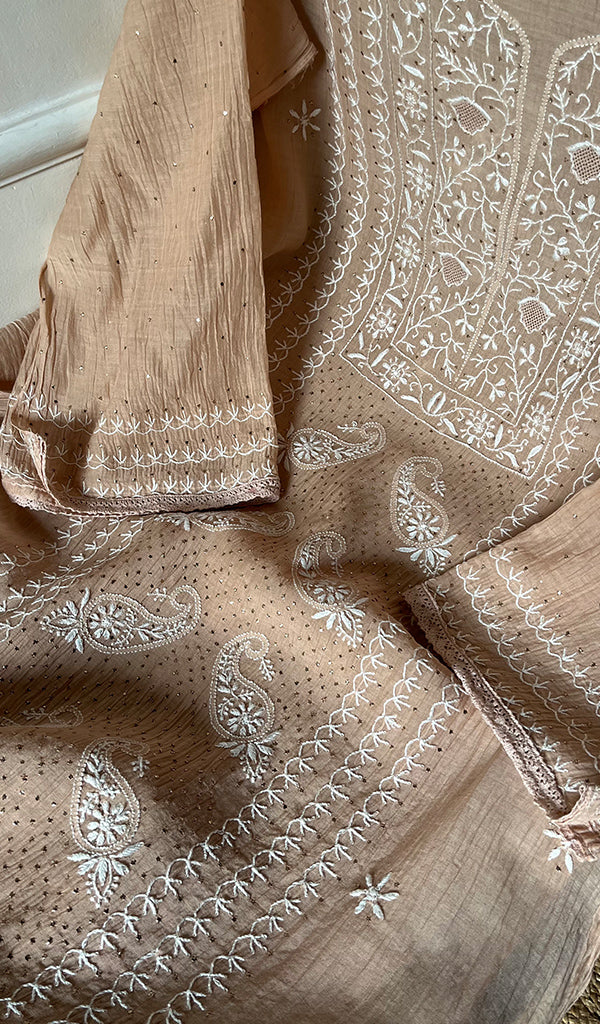 Women's Lakhnavi Handcrafted Mul Chanderi Semi - Stitched Kurta And Dupatta Set - HONC0293272