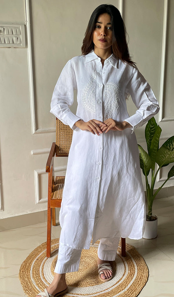 Women's Lakhnavi Handcrafted  Linen Cotton Chikankari Kurti -  HONC0301627