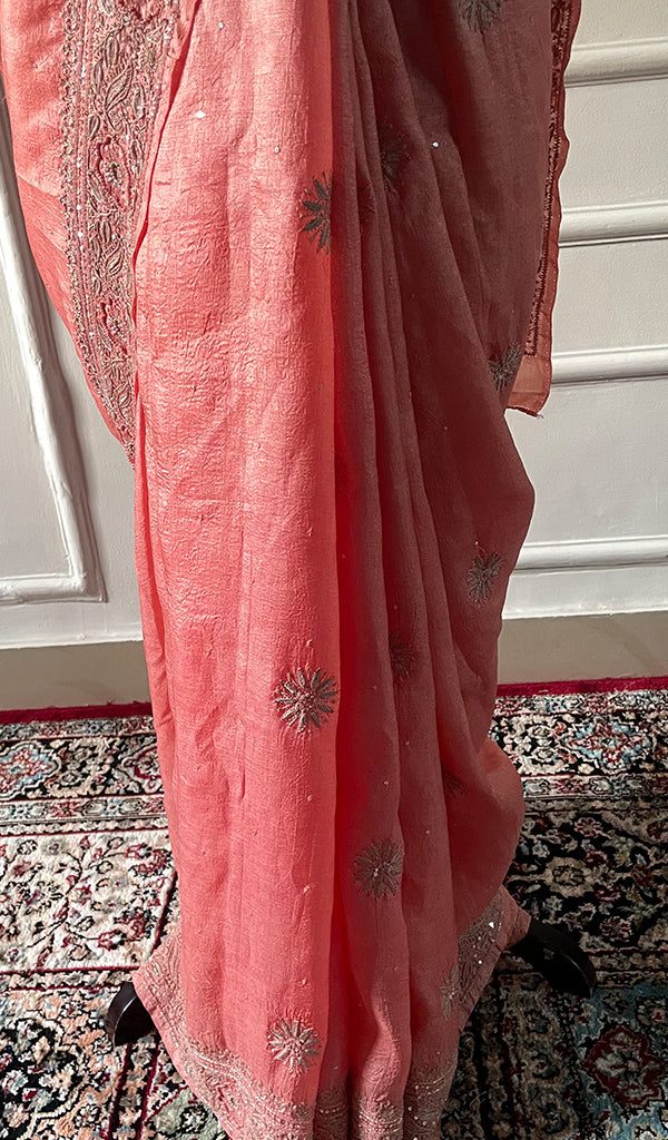 Women's Lakhnavi Handcrafted Tussar Silk Chikankari Saree - HONC0314578