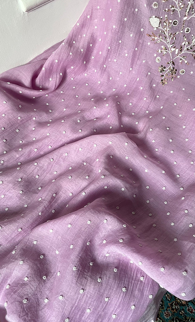 Women's Lakhnavi Handcrafted Mul Chanderi Unstitched Chikankari Full Suit Material - HONC0311945