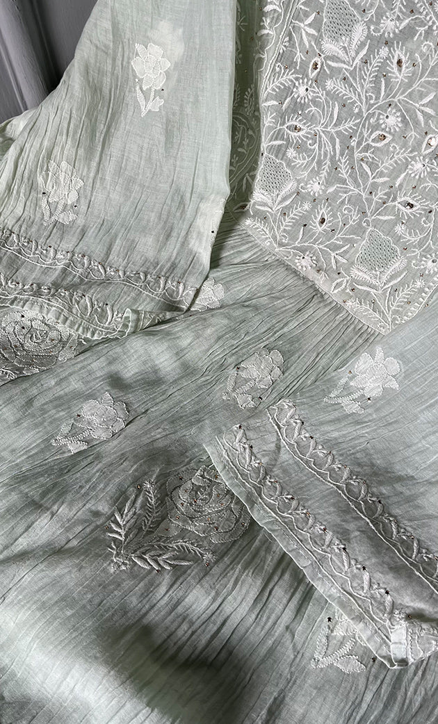 Women's Lakhnavi Handcrafted Mul Chanderi Semi - Stitched Angrakha And Dupatta Set - HONC02847110