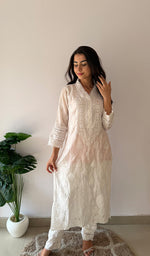 将图像加载到图库查看器中， Women's Lucknowi Handcrafted Mul Chanderi Stitched Chikankari Kurta And Plazzo Set- HONC0378810