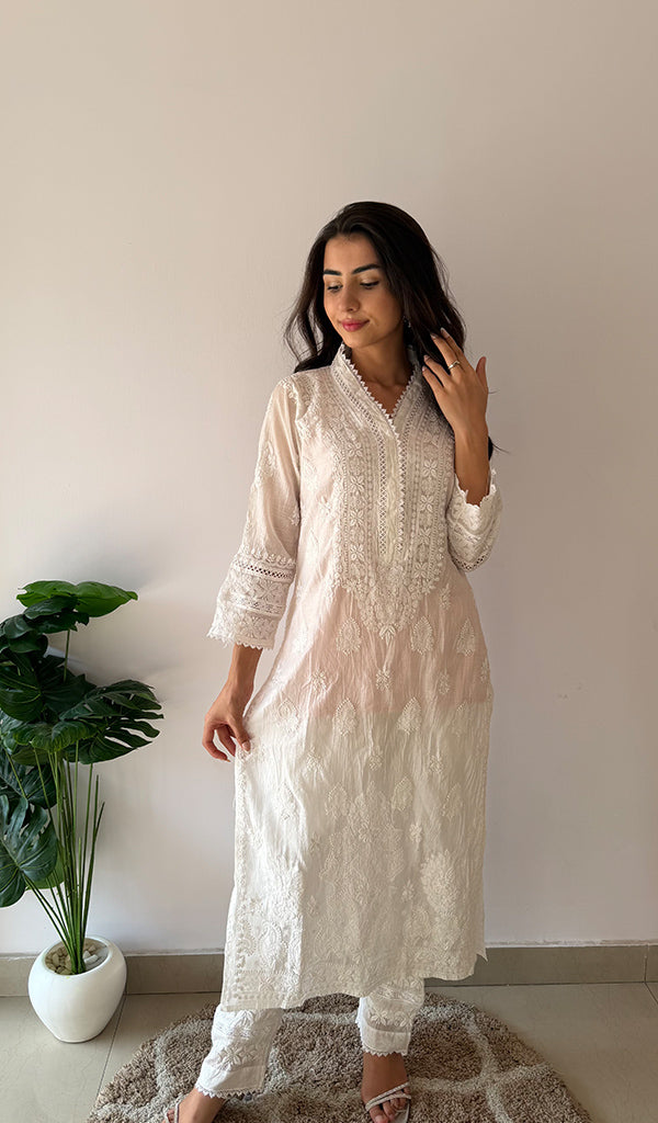 Women's Lucknowi Handcrafted Mul Chanderi Stitched Chikankari Kurta And Plazzo Set- HONC0378810