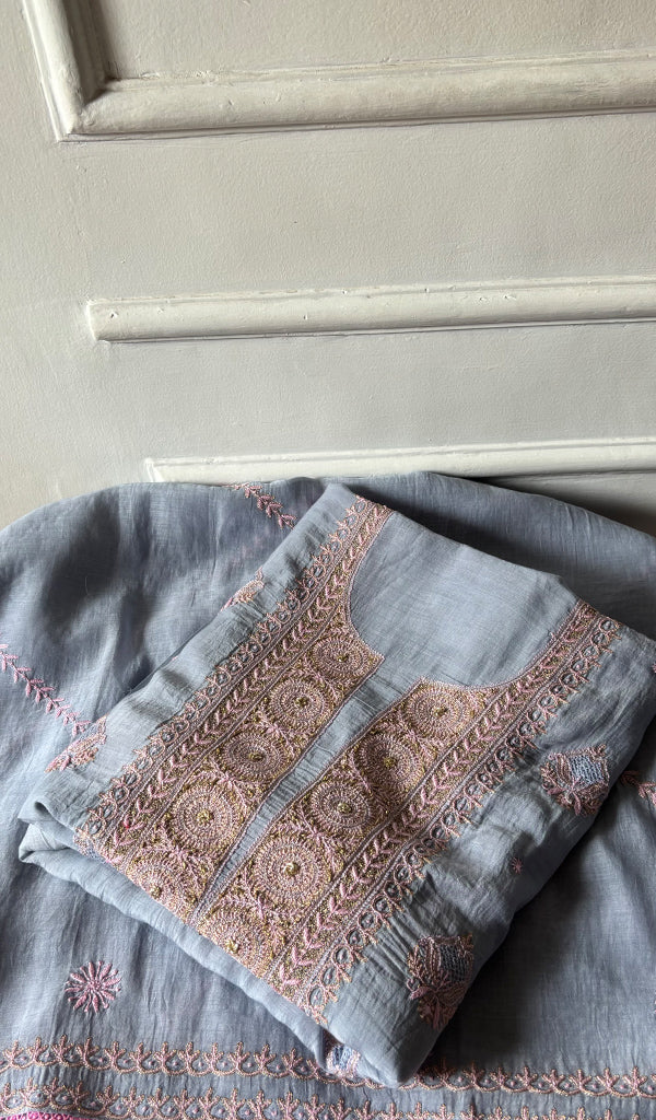 Women's Lakhnavi Handcrafted Mul Chanderi Unstitched Chikankari Full Suit - HONC0349091