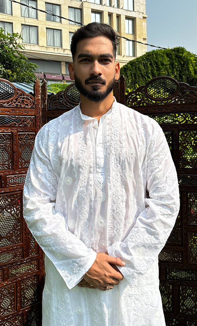 Men's Lucknowi Handcrafted Cotton Chikankari Kurta - HONC0295792