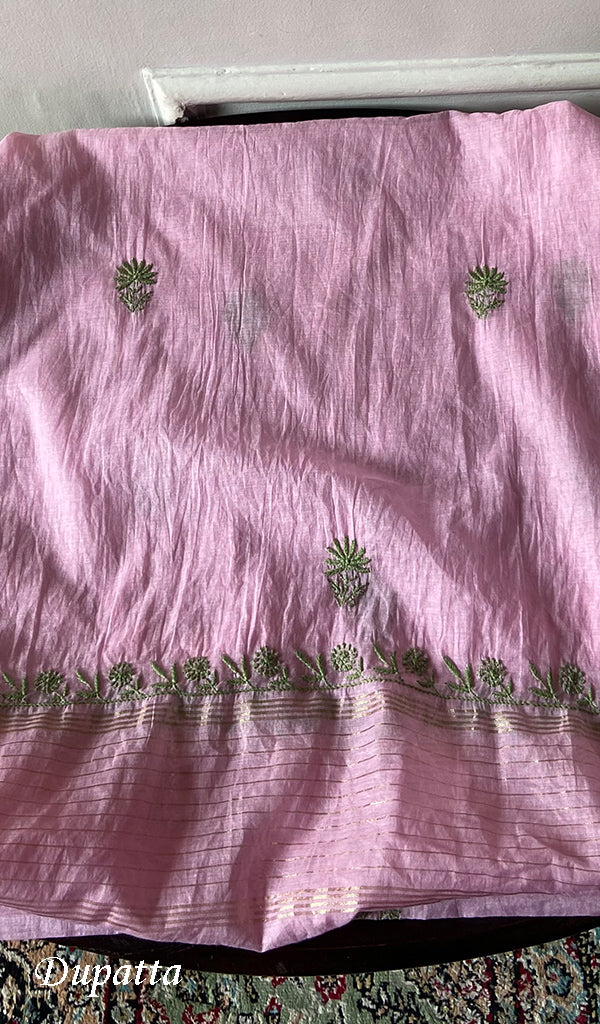 Women's Lakhnavi Handcrafted Chanderi Silk Unstitched Chikankari Full Suit - HONC0342152