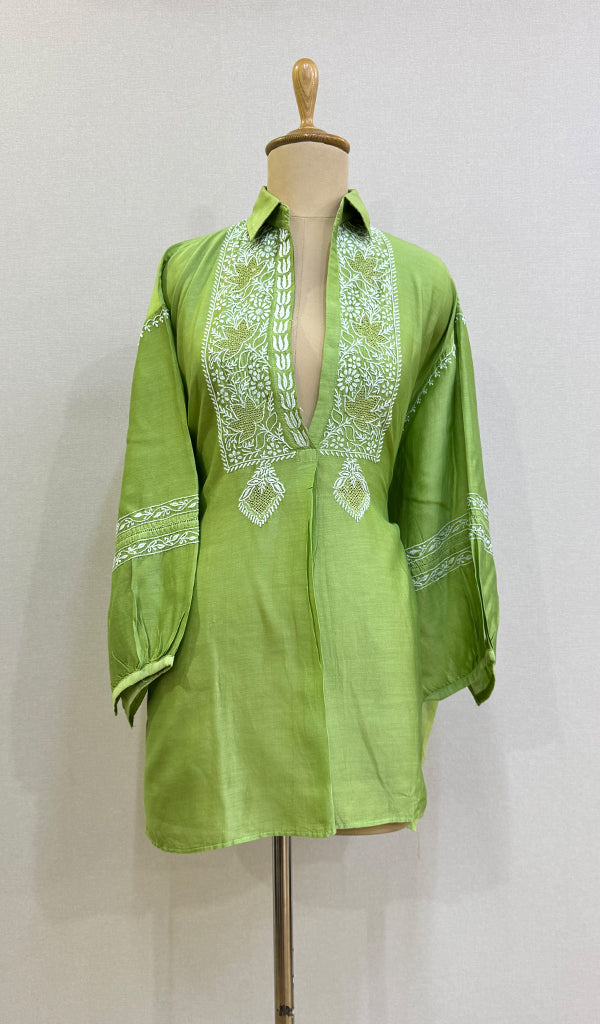 Fiza Women's Lakhnavi Handcrafted Chanderi Silk Semi- Stiched Chikankari Shirt - HONC0192100
