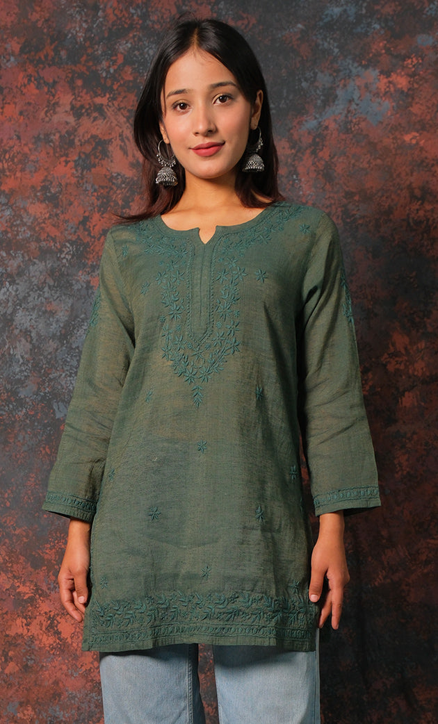 Atifa Women's Lakhnavi Handcrafted Cotton Chikankari Top - HONC0331500