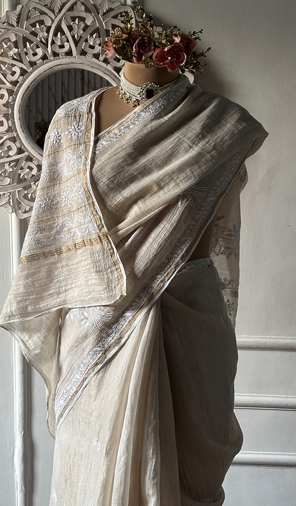 Women's Lakhnavi Handcrafted Tissue Chanderi Chikankari Saree - HONC0350401