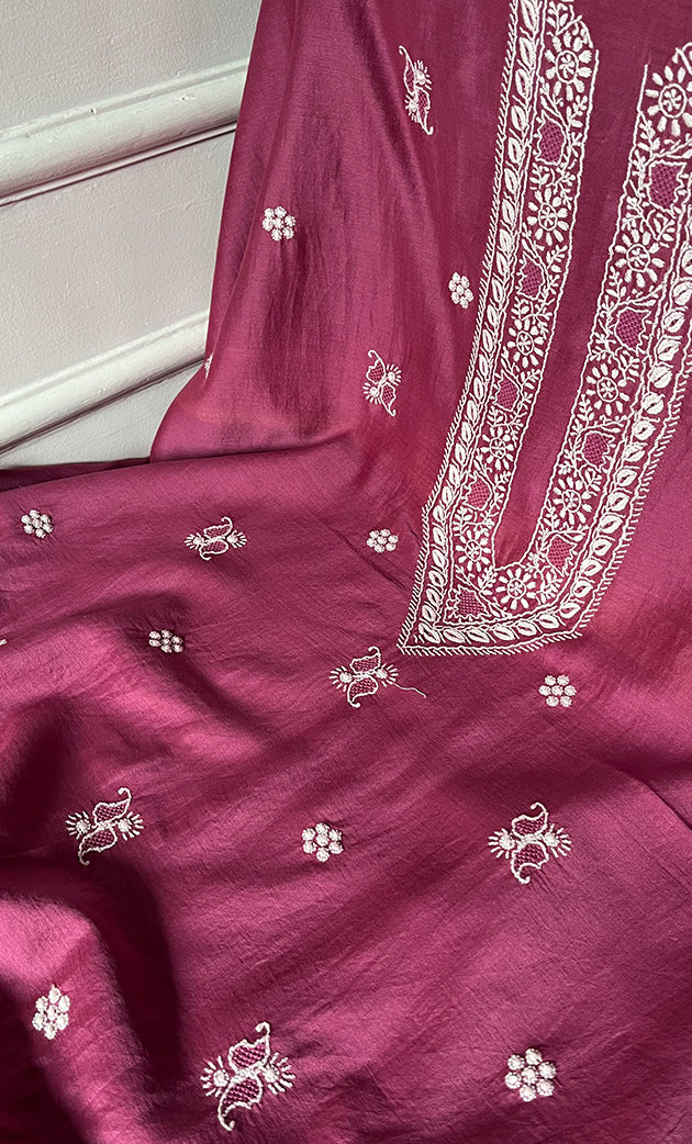 Lucknowi Handcrafted Chanderi Silk Chikankari Unstitched Unisex Kurta Fabric - HONC0268120