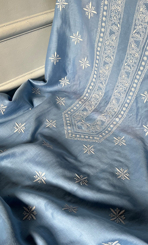 Lucknowi Handcrafted Chanderi Silk Chikankari Unstitched Unisex Kurta Fabric - HONC0327452