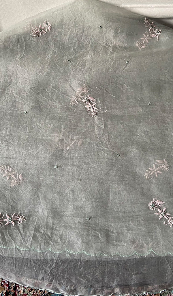 Women's Lakhnavi Handcrafted Pure Organza Chikankari Unstitched Kurta And Dupatta Set- HONC0335078