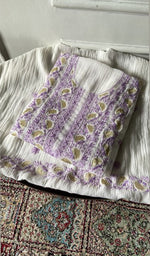 Load image into Gallery viewer, White Pure Mul Chanderi Chikankari 2 Pc Unstitched Suit Set — Lavender Multicoloured Work