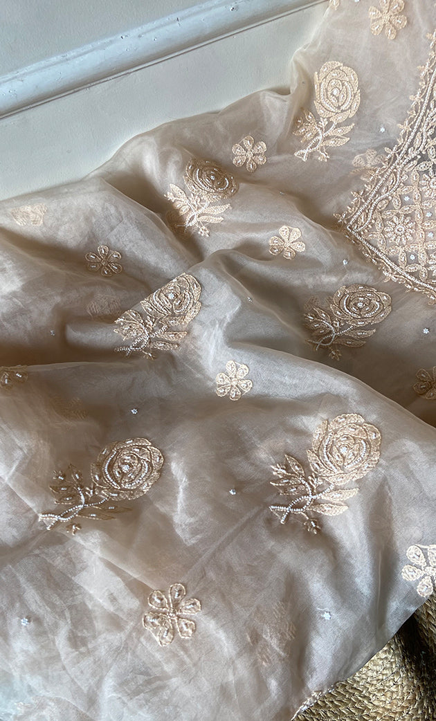 Women's Lakhnavi Handcrafted Organza Chikankari Unstitched Full Suit Material - HONC0271202