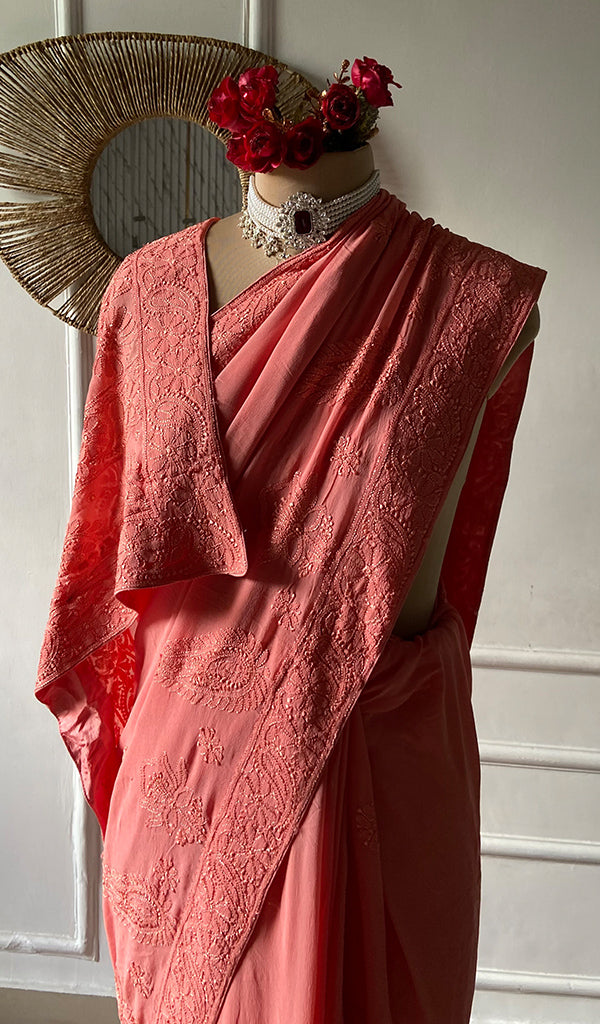 Women's Lakhnavi Handcrafted Pure Silk Georgette Chikankari Saree - HONC0309585
