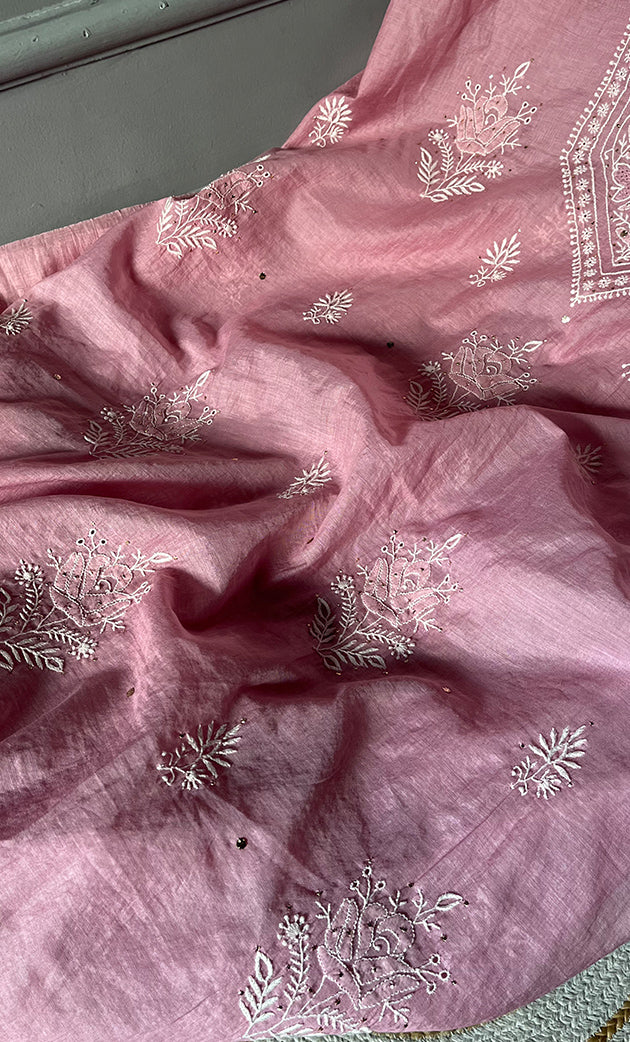 Women's Lakhnavi Handcrafted Mul Chanderi Unstitched Kurta And Dupatta Set - HONC0296490