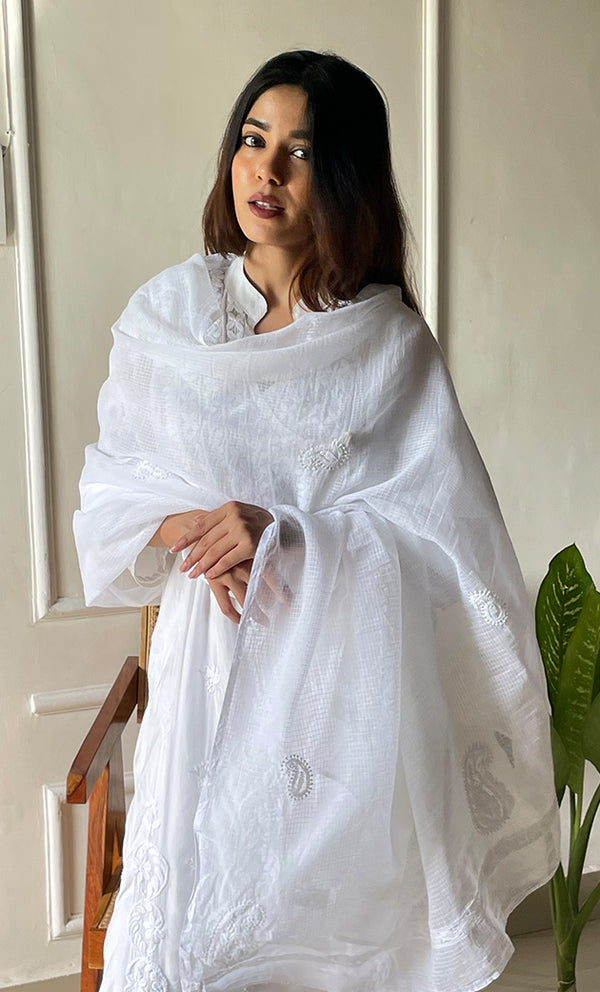 Nazm Women's Lucknowi Handcrafted Kota Cotton Chikankari Dupatta - HONC0277303