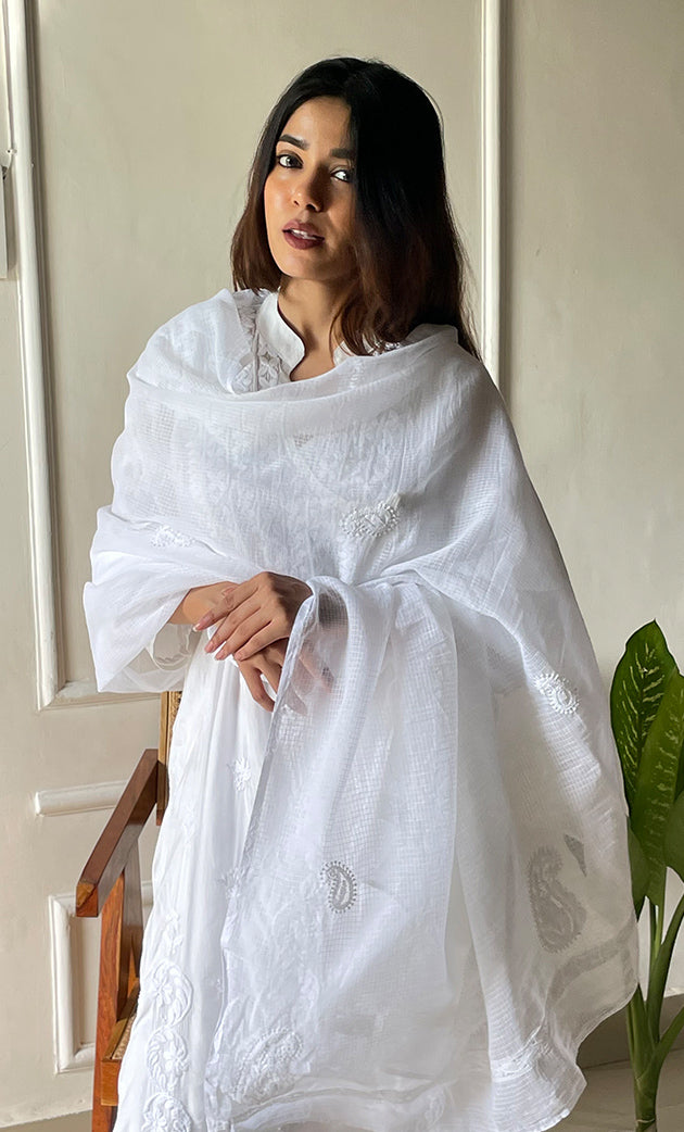 Nazm Women's Lucknowi Handcrafted Kota Cotton Chikankari Dupatta - HONC0277303