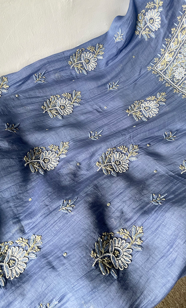Women's Lakhnavi Handcrafted Mul Chanderi Unstitched Chikankari Full Suit Material - HONC0323587