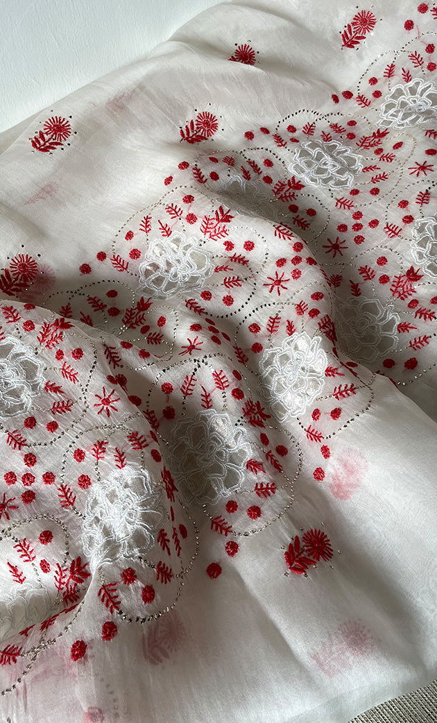 Women's Lakhnavi Handcrafted Pure Organza Chikankari Unstitched Kurta And Dupatta Set- HONC0320491