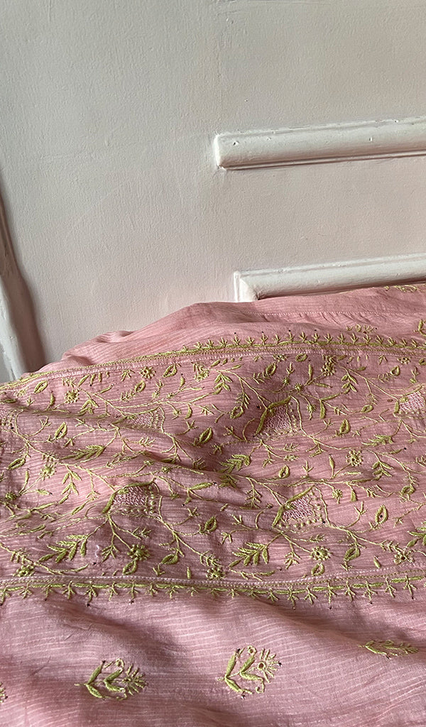 Women's Lakhnavi Handcrafted Maheshwari Mul Chanderi Semi - Stitched Chikankari Full Suit Material - HONC