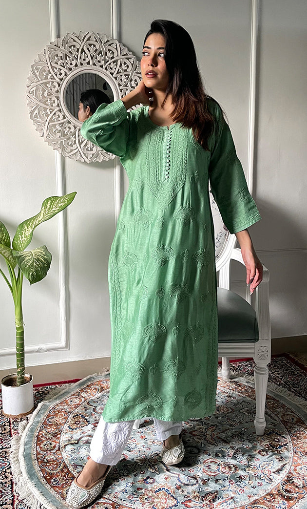 Women's Lucknowi Handcrafted Raw silk Chikankari Kurti - HONC0329791