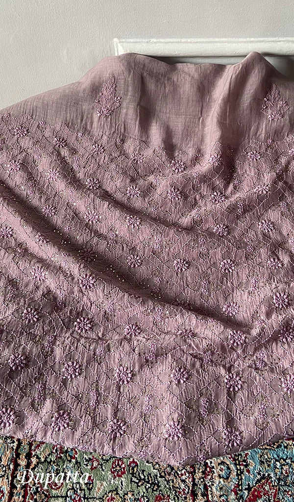 Women's Lakhnavi Handcrafted Mul Chanderi Unstitched Kurta And Dupatta Set - HONC0320358