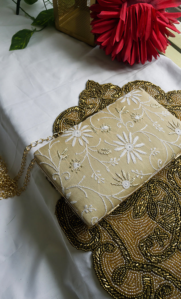 Elegant Floral Embroidered Chikankari  Clutch -  - HONC029450
