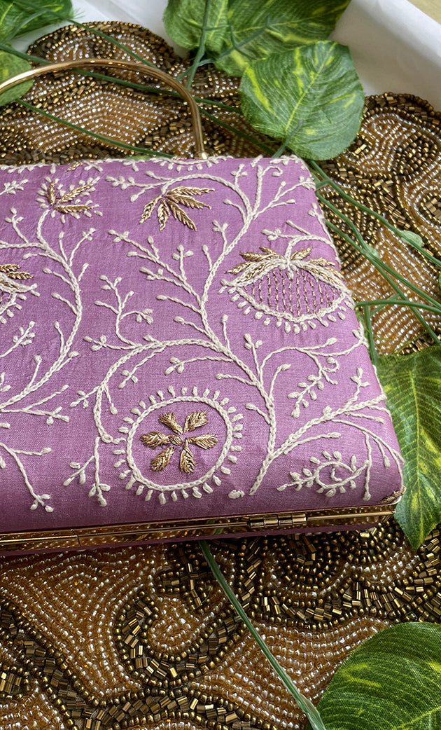 Elegant Lavender Handcrafted Chikankari Clutch- HONC0308933