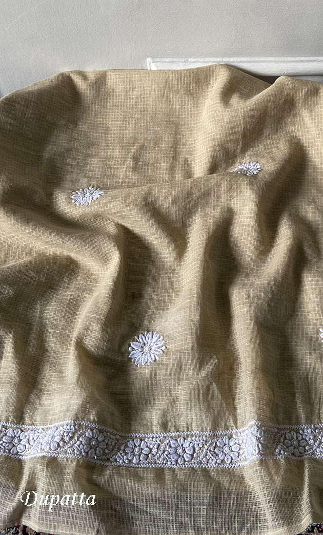 Women's Lucknowi Handcrafted Kota Cotton Chikankari Unstitched Kurta And Dupatta Set - HONC0340099