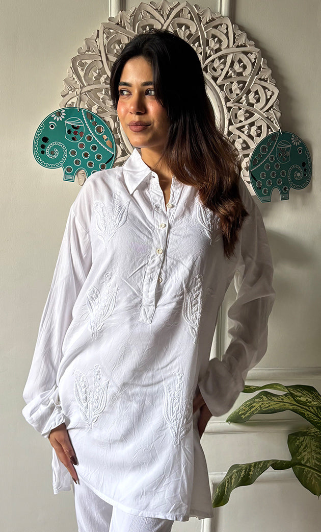Idhika Women's Lakhnavi Handcrafted Cotton Chikankari Shirt- HONC0155055