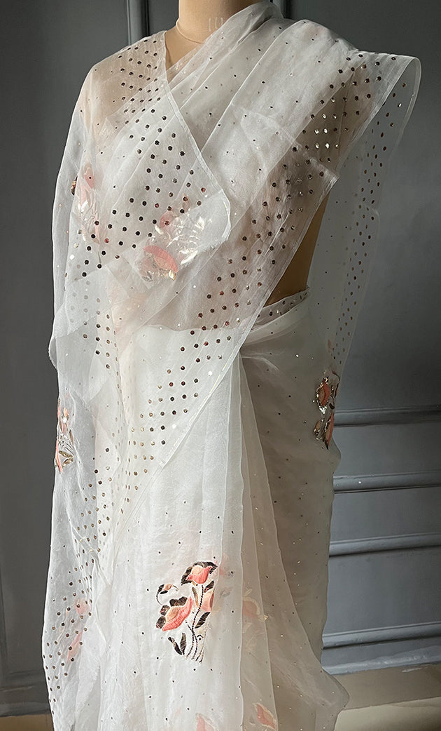 Women's Lucknowi Handcrafted Pure Organza Silk Chikankari Saree - HONC0306873